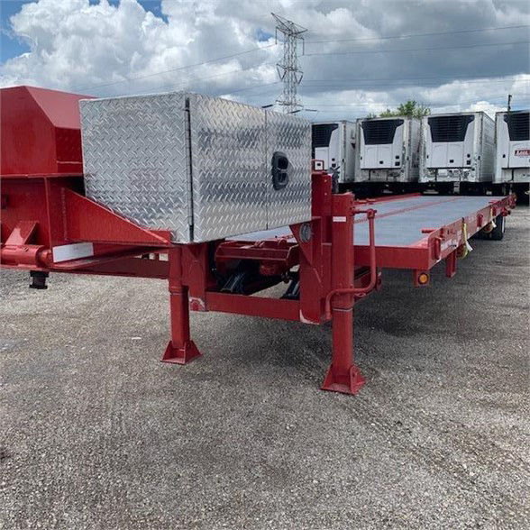 Flatbed trailer with red frame and diamond plate toolbox on the front, single axle container delivery trailer, 2024 model