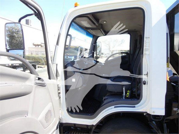 Isuzu NRR truck cab interior with open door showing driver's seat and dashboard; watermark of a bird silhouette across the image