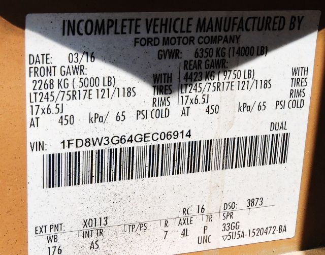 Vehicle data plate from a 2016 Ford F350 Crew Cab Utility showing GVWR 6350 kg (14000 lb), front GAWR 2268 kg (5000 lb), rear GAWR 4423 kg (9750 lb), tire size LT245/75R17E 121/118S, rims 17x6.5J, VIN 1FDBW3G64GEC06914, date 03/16.