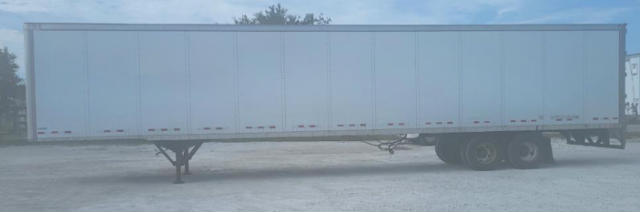 Utility trailer side view showing a long rectangular cargo trailer with tandem axles and a front hitch.