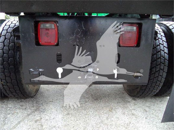Back of a Ford F-650 SD dump truck showing dual taillights and a black bumper with cartoon graphics overlay.