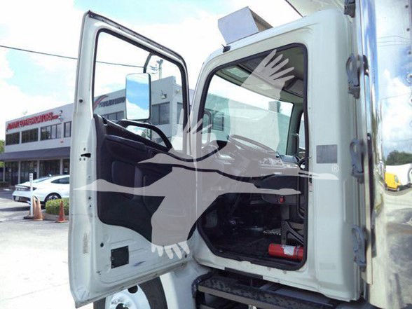 Truck cab door open showing interior with steering wheel, dashboard, and steps. No visible labels or fluid reservoirs readable.