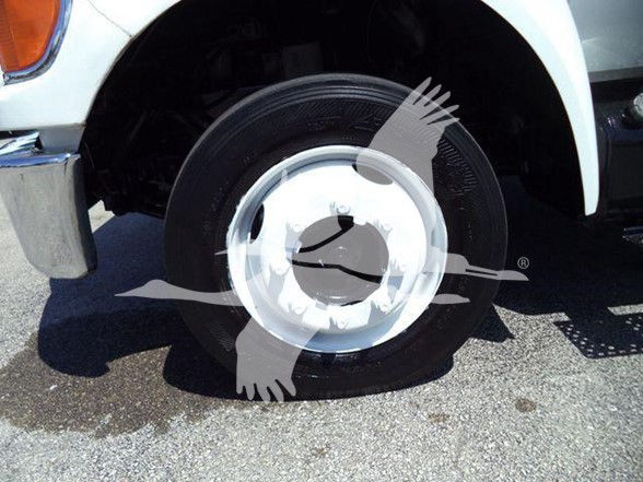 Ford F650 front wheel area with hubcap and tire showing; partial white body panel visible.