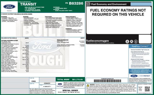 Ford Transit 350 box truck window sticker showing MSRP details, fuel economy label, and various option packages and VIN 1FDBF6PG3PKB83286.