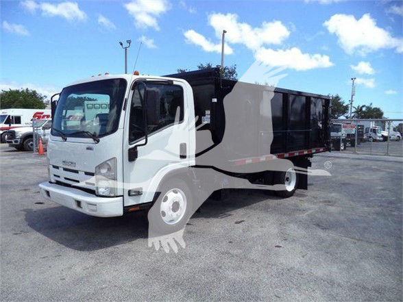 Isuzu NRR dump truck with white cab and black dump body. Side view shows front grill with Isuzu logo; windows; door mirrors; black cushioning around cab; text not clearly legible.