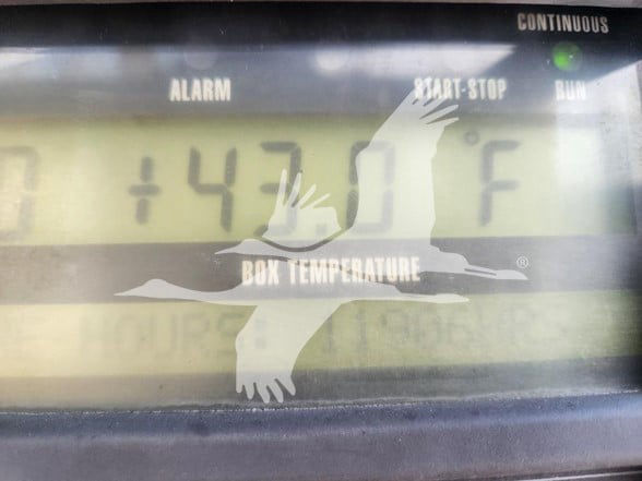 Trailer gauge display showing box temperature and control indicators, with a 'BOX TEMPERATURE' watermark and a bird illustration across the screen.