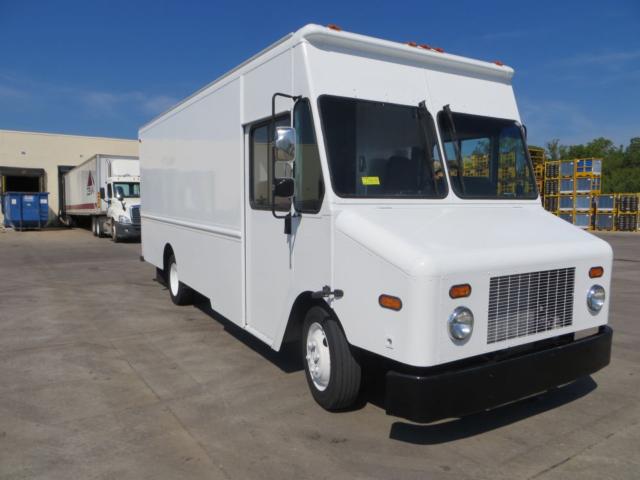 White 2008 Freightliner MT45 step van showing front grille with dual round headlights and rectangular windshield.