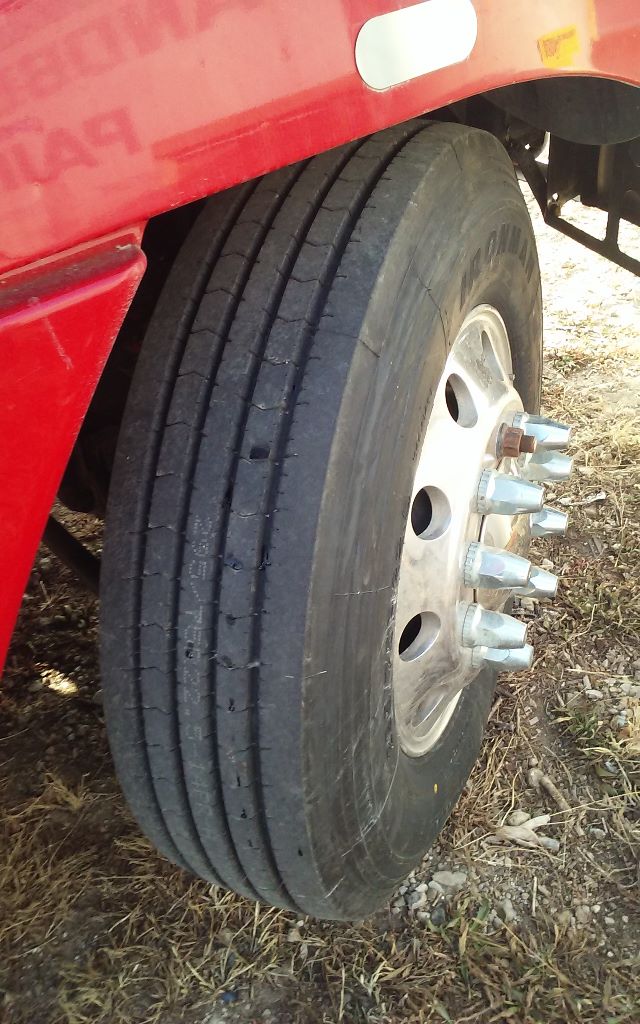 Truck wheel and tire assembly on a Freightliner conventional undercarriage showing dual rear wheels and shiny lug nuts.
