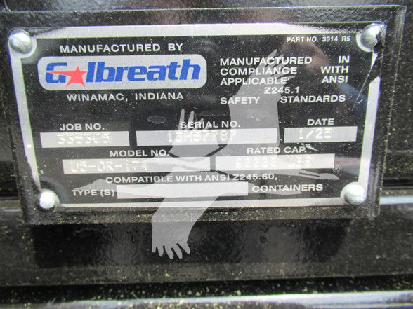 Manufactured by Gilbreath plate with model, serial, job numbers and compliance text mounted on equipment, showing Winamac, Indiana origin.
