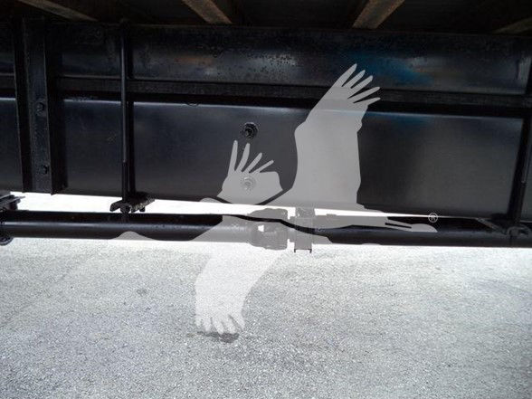 Underneath a box truck showing a black fuel tank/center sump and rails with a faint bird watermark image overlaid.