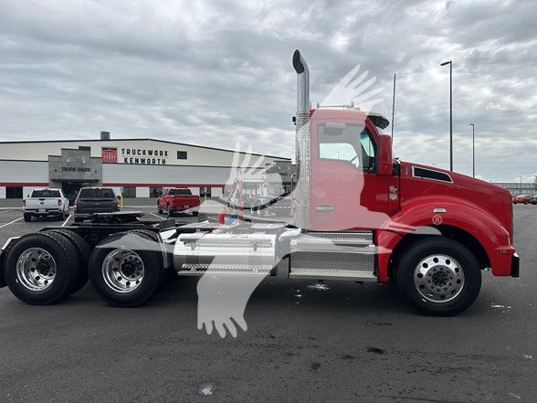 Kenworth T880 conventional daycab truck, red cab with chrome fuel tanks and exhaust stack, wheel setup with dual rear axles.