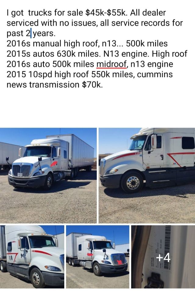 Truck cabin and sleeper tractor from a 2016 International ProStar with multiple photos showing front, side, and engine bay area.