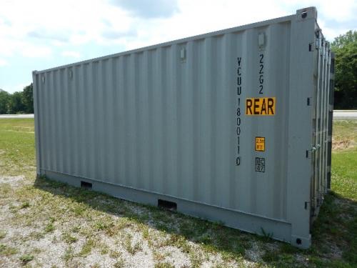 20' open side shipping container showing rear end with yellow REAR marking and door hinges.