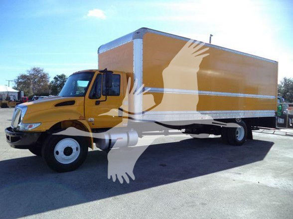 International DURASTAR 4300 box truck with yellow cab and large orange box. VIN sticker and stock number not visible.