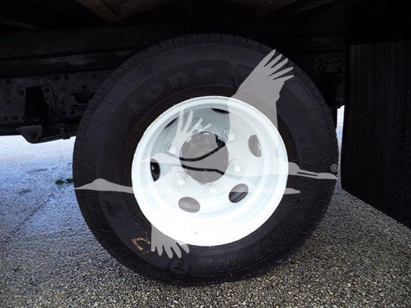 Isuzu NPR HD wheel shown with white steel rim and tire, undercarriage visible, basic truck portion in view.